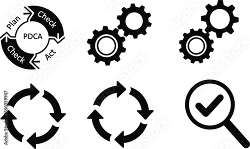 PDCA cycle and process icons for business strategy, planning, and project management visuals