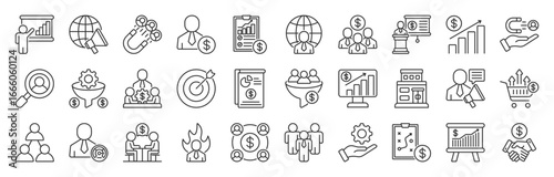 Sales team line editable icon set Collection. Containing salesperson, marketing, prospect, conversion, sales report, funnel, lead generation, and more. EPS 10