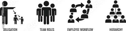 Business process icons illustrating delegation, teamwork, workflow, and hierarchical structure concepts
