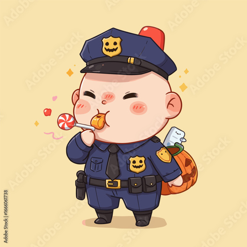 A cheerful cartoon cop enjoying Halloween candy, dressed in a festive police uniform with a pumpkin-themed hat and candy bucket.