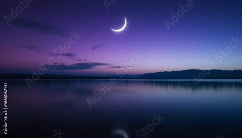 Crescent moon over calm lake at dusk