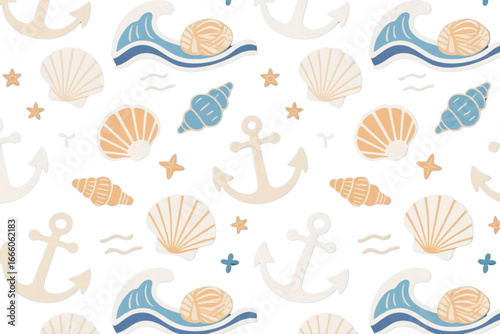 Nautical vector pattern with anchors, waves, and seashells.