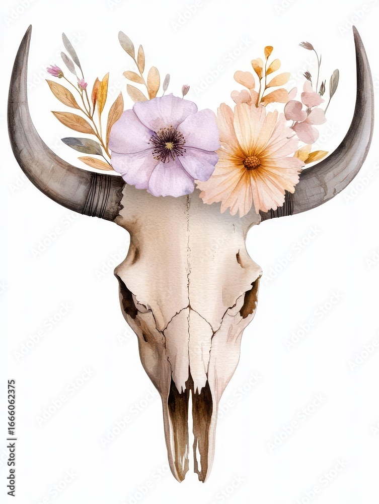 Obraz premium Watercolor bohemian cow skull. Western mammals. Water. Painted bovine cranium free spirit design occidental fauna liquid aquarelle desert mammal untamed artistic azure freedom