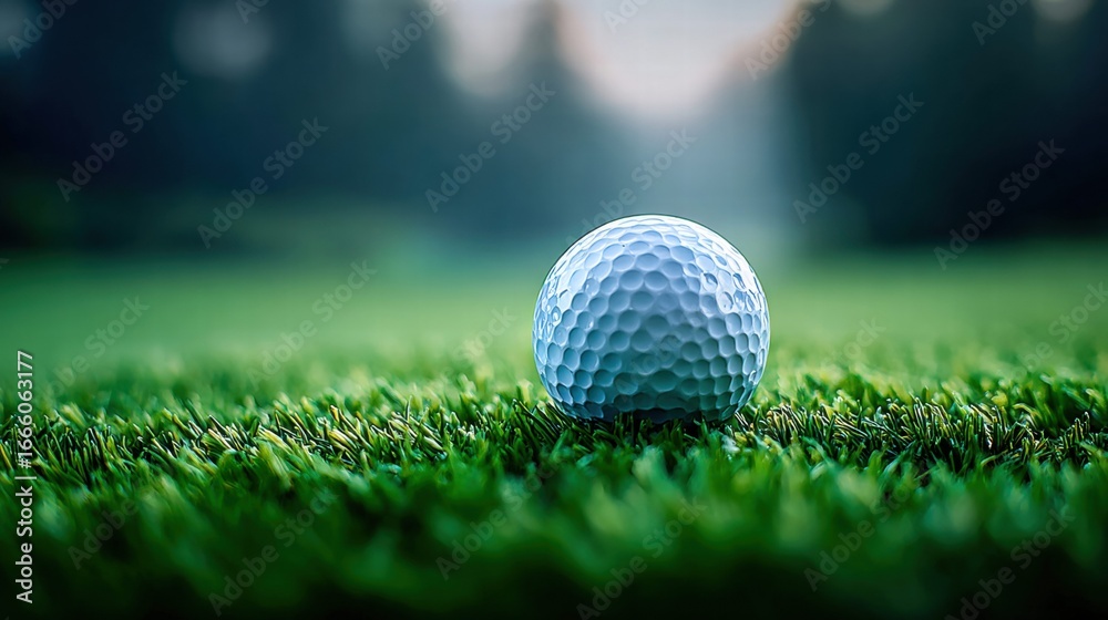 Obraz premium A golf ball sits ready on the vibrant green grass of a golf course, bathed in sunlight.