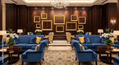 Elegant hotel lobby with blue sofas, gold accents, and luxurious chandelier