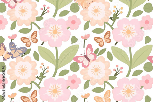 Wallpaper Mural Vector seamless floral blossoms with butterflies in pastel colors. Torontodigital.ca