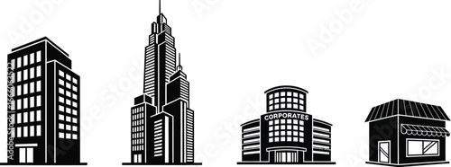 Modern black and white cityscape featuring diverse building silhouettes for commercial design