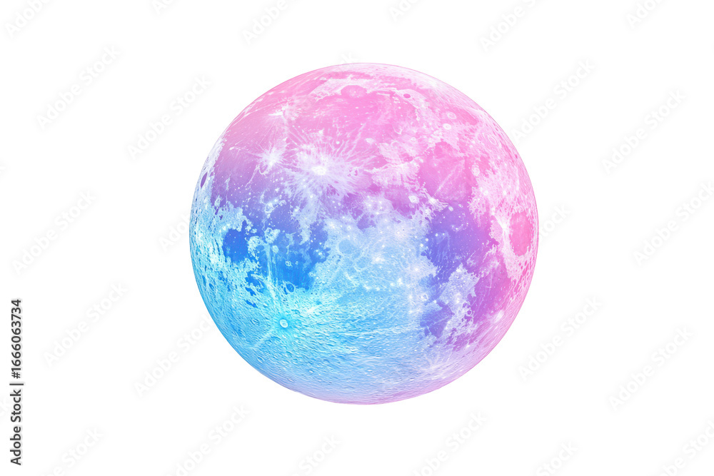 Obraz premium Whimsical pink and blue moon isolated on transparent background. Pastel pink and blue moon holographic isolated on white background, 3d rendering.
