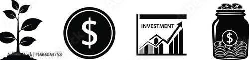 Financial growth concept with investment, savings, and monetary icons, symbolizing success