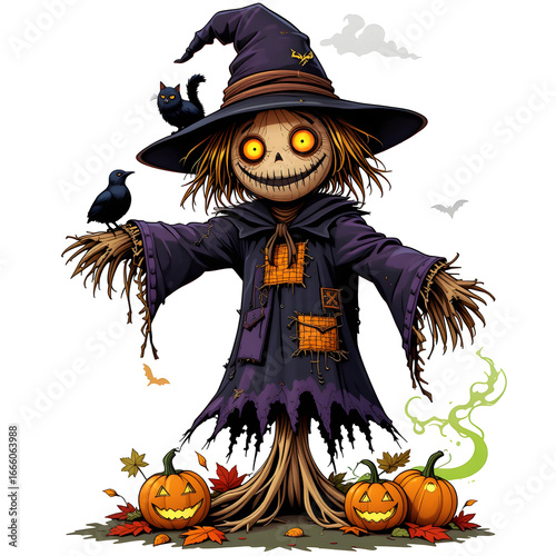 Spooky Halloween Scarecrow PNG on Transparent Background. Glowing Eyes and Jack-o'-Lanterns for Gothic and Autumn Illustrations
