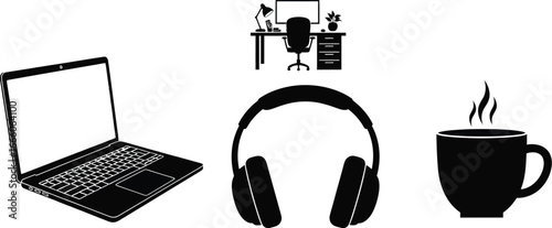 Remote work setup with laptop, headphones, coffee, and workspace, ideal for digital nomads