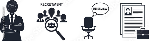 Recruitment process illustration with business professional, interview, and resume concepts