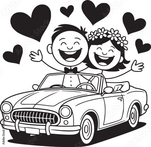 Newlyweds' Joyful Getaway: A cartoon depiction of a newly married couple embarking on their post-wedding journey in a classic convertible.