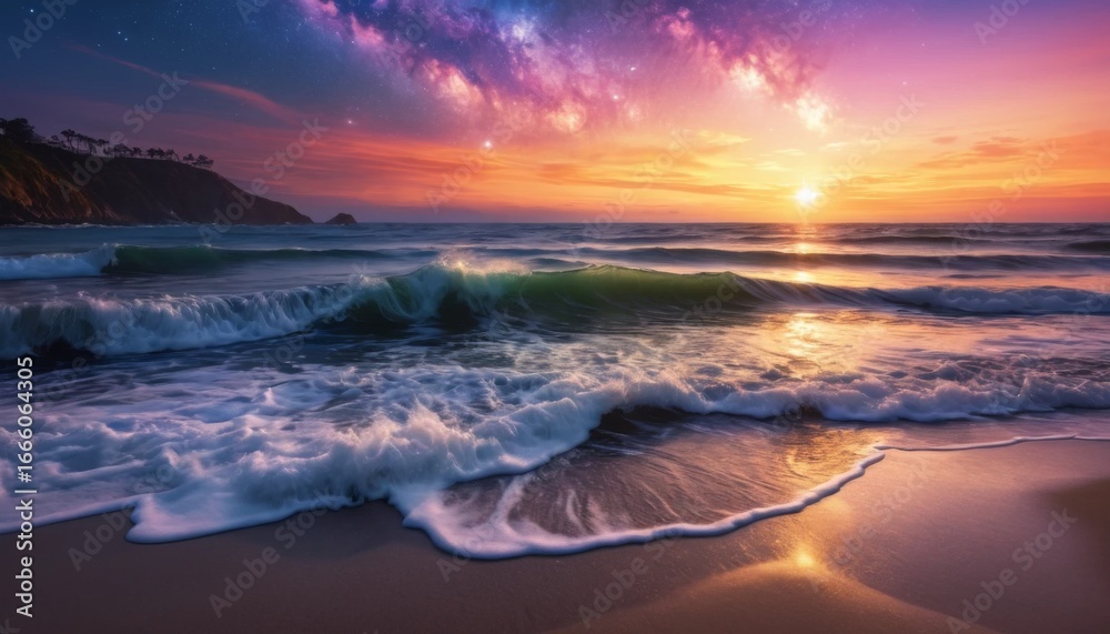 Fototapeta premium Dramatic coastline at sunset with starry sky