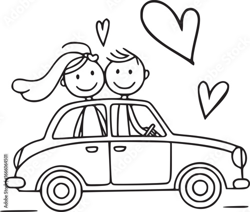 Love Journey: The illustration captures a couple joyfully embracing a road trip in a classic car, with hearts floating above them to highlight their love and shared happiness. 