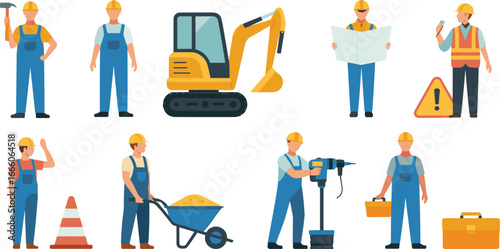 Construction workers with tools and equipment, industrial safety illustration, building site characters with machinery, toolbox, traffic cone, and safety gear.
