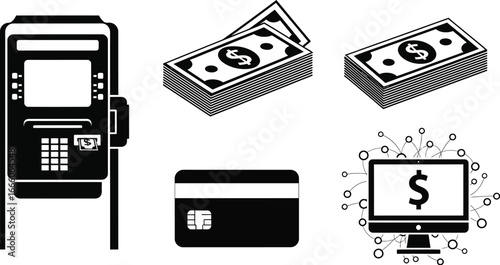 Banking and finance icons depicting money, ATMs, credit cards, and online transactions, modern style