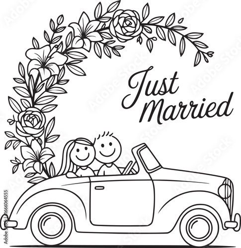 Newlyweds in a Wedding Car: A whimsical illustration of a happy couple in a classic convertible car, embraced by a floral arch and the words 'Just Married', a timeless image of love.