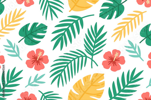 Tropical palm leaves and hibiscus seamless vector pattern.
