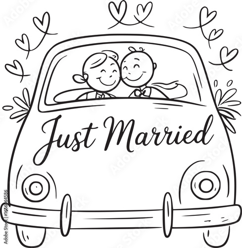 Newlywed couple driving car illustration: An illustration showing a newlywed couple driving in a car with the words Just Married written on it, also decorated with hearts, creating a romantic scene.