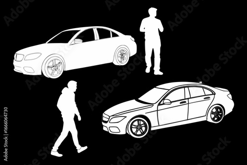 Car silhouettes with walking man on black background  