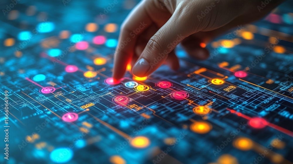 Naklejka premium A hand interacting with a futuristic digital interface displaying colorful lights and patterns