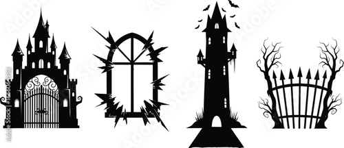 Spooky Halloween silhouettes of haunted castles, broken windows, and creepy gates with bats overhead