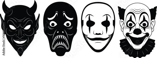 Diverse masks representing fear, drama, and entertainment create a striking visual statement