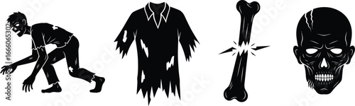 Spooky zombie icons and broken bone symbol for Halloween or horror themes