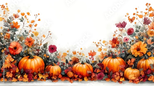 Fototapeta Naklejka Na Ścianę i Meble -  Watercolor pumpkins and autumn flowers border with white space fall gourds