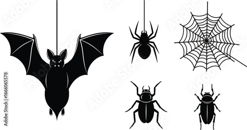 Spooky Halloween icons bat spider web beetles create eerie festive decorations and party themes