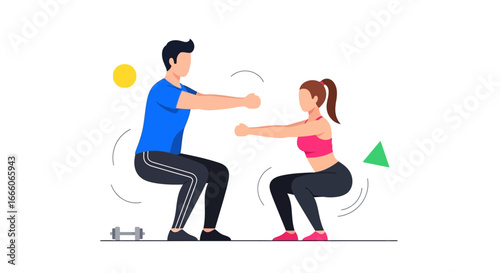 Athletic man and woman in sportswear doing squat exercises together. Flat vector illustration of a couple working out.