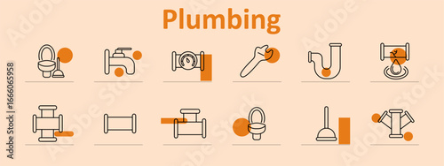 Plumbing set icon. Toilet, tap, plunger, flow gauge, dripping pipe, T-joints, connectors, blocked drain visuals used to represent sanitation and plumbing structure tools