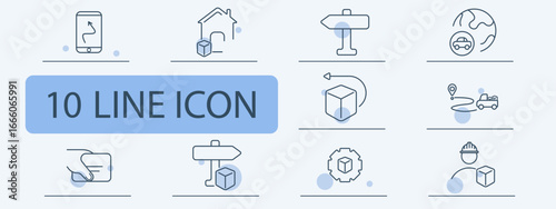 Logistics set icon. Package, route, mobile, truck, cube, arrow, map, signpost, gear, deliveryman outlined in minimal style for shipment and tracking concept.