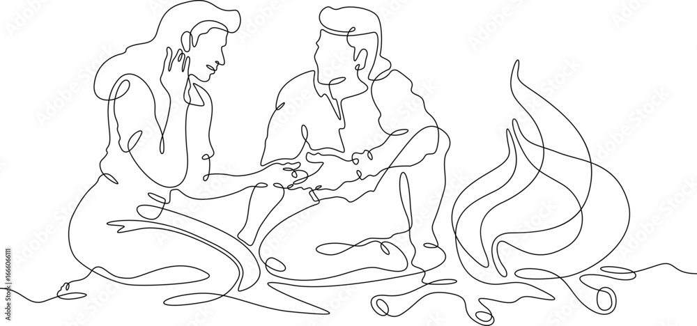 Fototapeta premium Continuous single line drawing a couple in love by the fire.Linear design. One continuous line isolated minimalist illustration. Not AI.