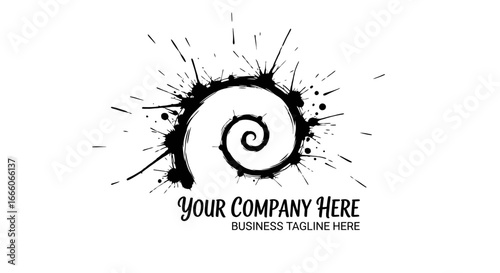 Black ink splatter spiral with a grunge brushstroke texture and dynamic splashes.