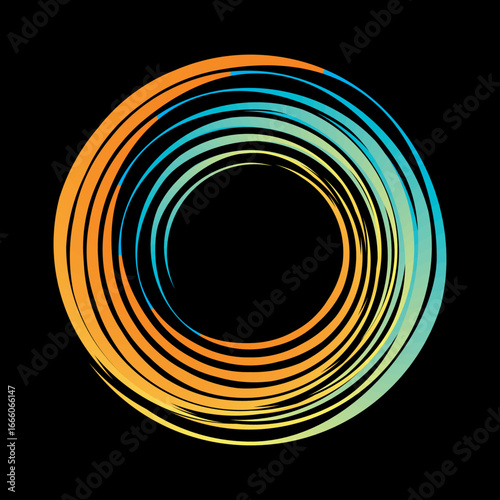 Vector background of rotating elliptical 3D shapes, consisting of a pattern of squares and wavy lines with colorful gradations.	
