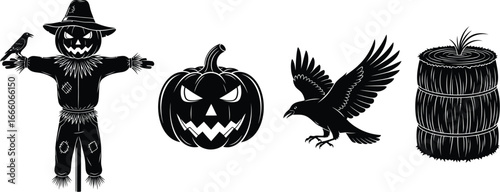 Spooky Halloween scarecrow, jack-o-lantern, crow, and hay bale silhouette graphic elements