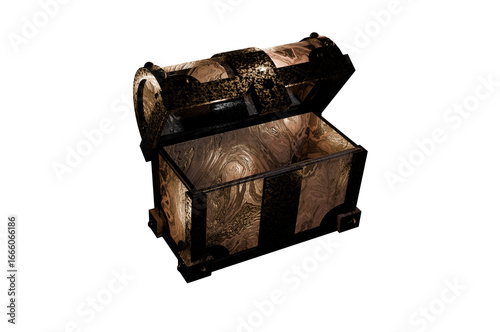 Halloween spooky treasure chest, dark mysterious box with creepy atmosphere, empty open chest for horror fantasy design, isolated on transparent background.
