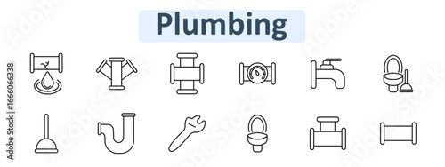 Plumbing set icon. Includes pipes, faucet, broken pipe with leak, toilet, plunger, U-bend, wrench, pressure gauge, and sanitary equipment.