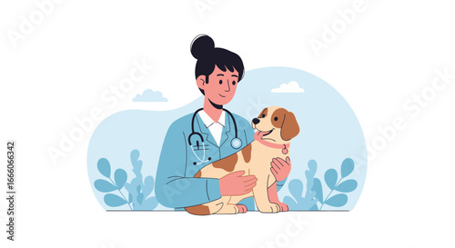 Caring female veterinarian in a blue uniform with a stethoscope, holding a happy spotted puppy.