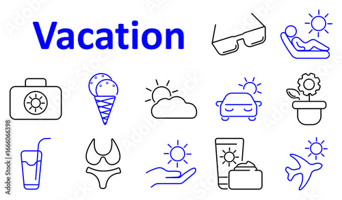 Vacation set icon. Sunglasses, swimsuit, juice, sun, lounge chairs, planes, cars, cream, ice cream, cloud, camera, and plants shown in outlined sunny theme style for leisure imagery
