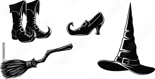 Spooky Halloween witch boots, hat, shoe, and broomstick icons for festive holiday designs