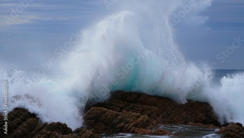Powerful ocean wave crashes over rugged rocks creating misty spray under cloudy sky