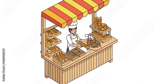 Cartoon Baker at Bakery Stand with Various Freshly Baked Breads