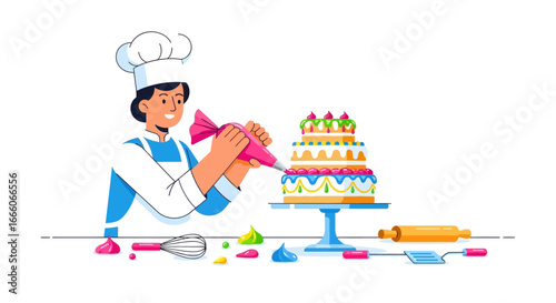 Cartoon Baker Decorating a Tiered Cake with Pink Icing