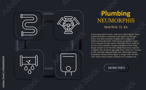 Plumbing set icon. Curved pipes, valve control, leaking pipe, water heater boiler, minimalist outline, rounded squares, digital neumorphic style, simple mobile web interface design.