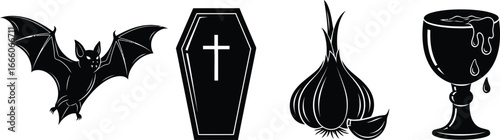 Spooky Halloween icons including a bat, coffin, garlic, and goblet create a festive, eerie atmosphere