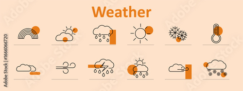 Weather set icon. Rainbow, clouds, rain, snowflakes, thermometer, sun, wind, storm lightning, mixed precipitation all shown in visual weather condition representation