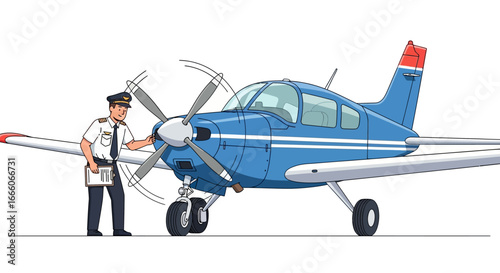 Cartoon Blue Airplane with White Stripes and a Pilot Inspecting It